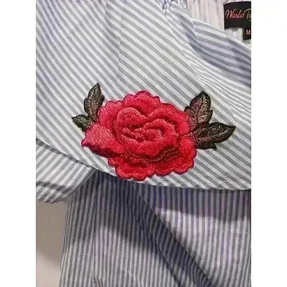 World Together Roses Crop Top MEDIUM Blue White Striped Embroidered Roses Ruffle - Picture 9 of 10